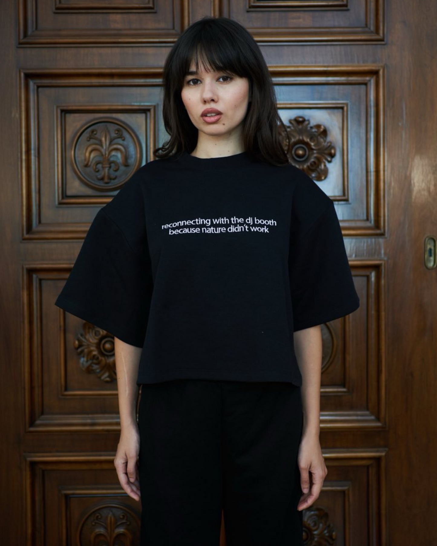 "Reconnecting with the dj booth because nature didn't work" cropped t-shirt