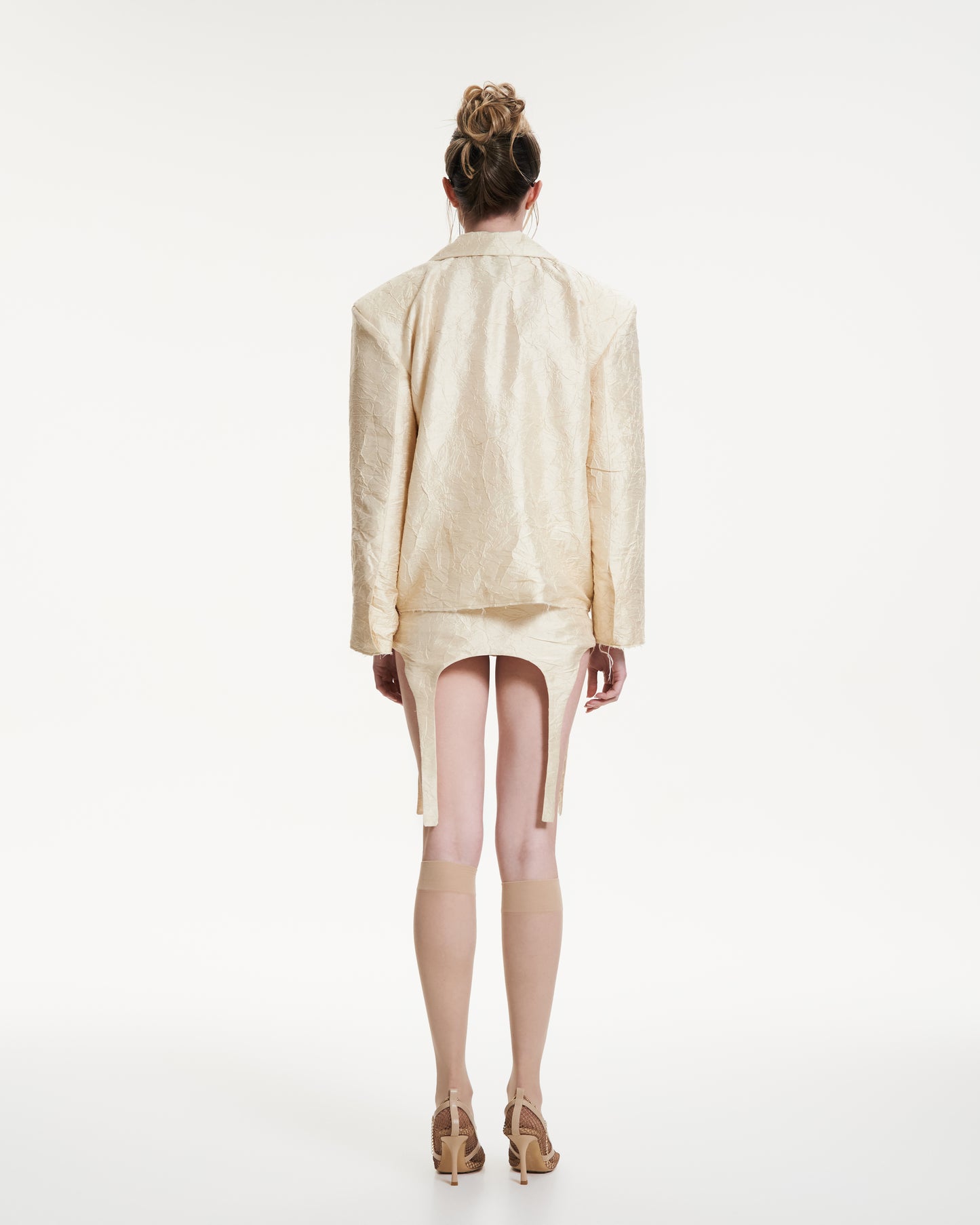 Silk wrinkled garter skirt in butter