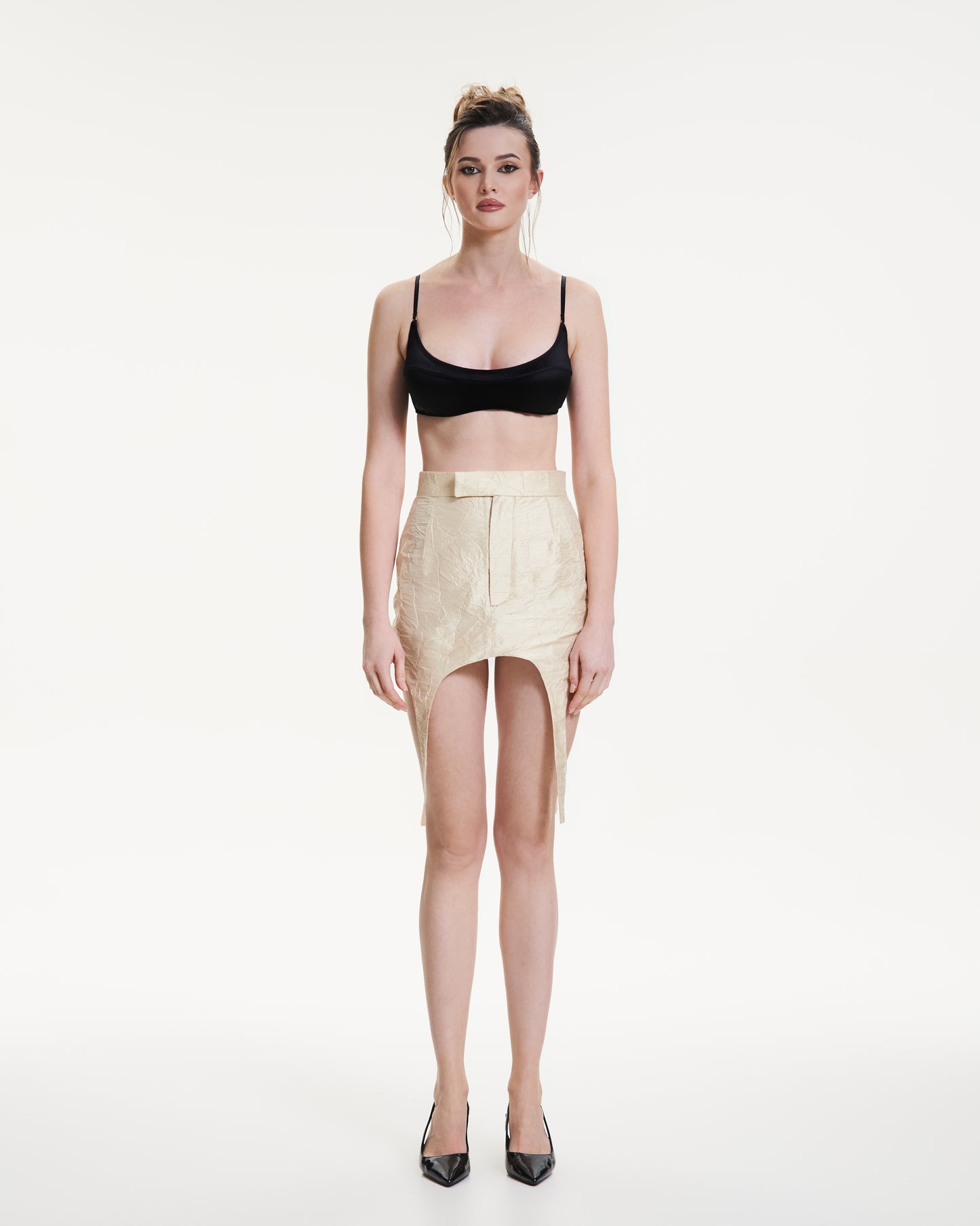 Silk wrinkled garter skirt in butter