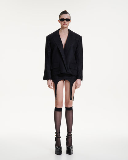 Silk wrinkled garter skirt in black
